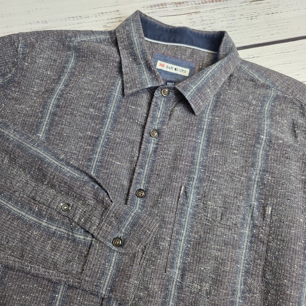 32‎ Bar Blues Mens XL Long Sleeve Button Up Gray Striped Shirt Cotton Silk Wool